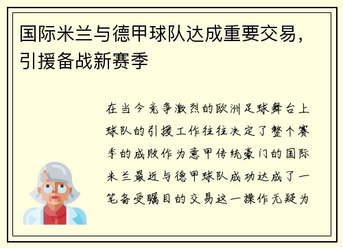 国际米兰与德甲球队达成重要交易，引援备战新赛季